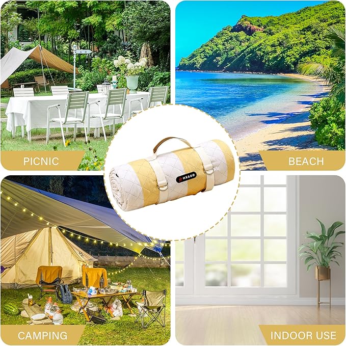 HX&OD Outdoor Picnic Blanket Extra Large, 80''*60'' Waterproof Picnic Mat with Stakes Foldable Camping Blanket Portable with Carry Strap for Beach Mat (Green& White, 80''*60'')