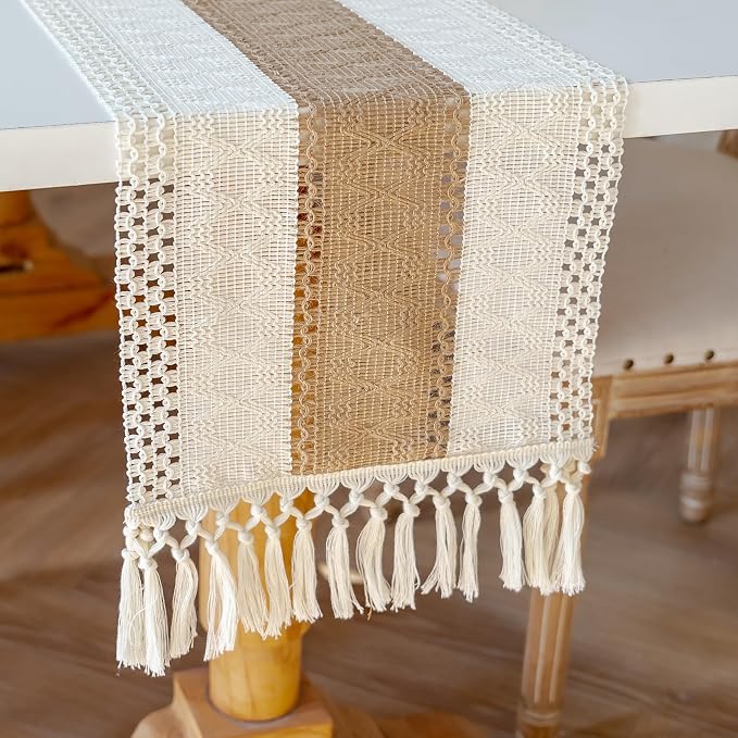 EMMTEEY Boho Table Runner with Tassels 94 Inches Long, Cream Brown | Handmade - Image 3