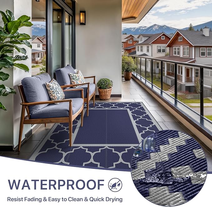 GENIMO Outdoor Rug 9' x 12' Patio Waterproof, Foldable Reversible Plastic Straw - Image 5