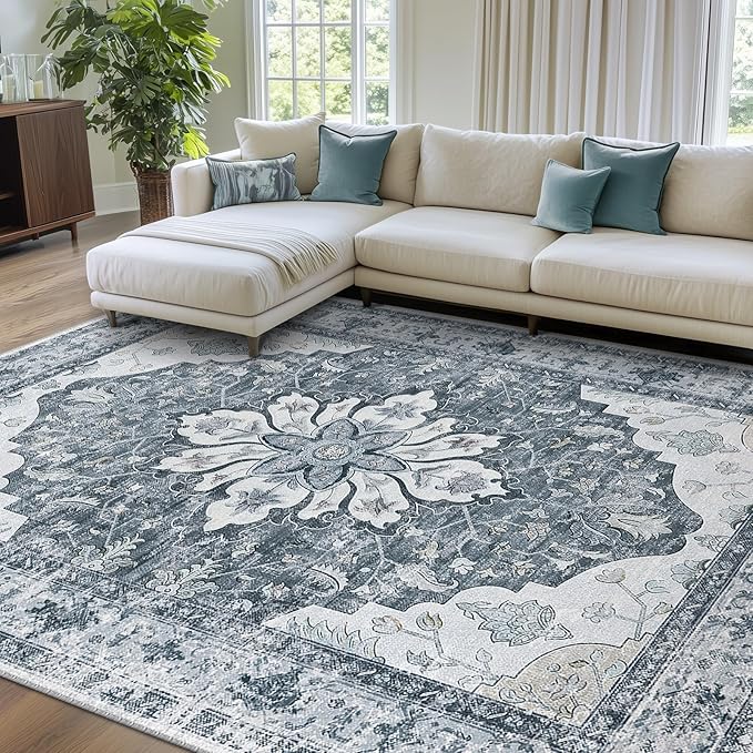RELEANY Area Rugs 7'x10' Washable Non-Slip, Floral Vintage Distress Medallion by RELEANY