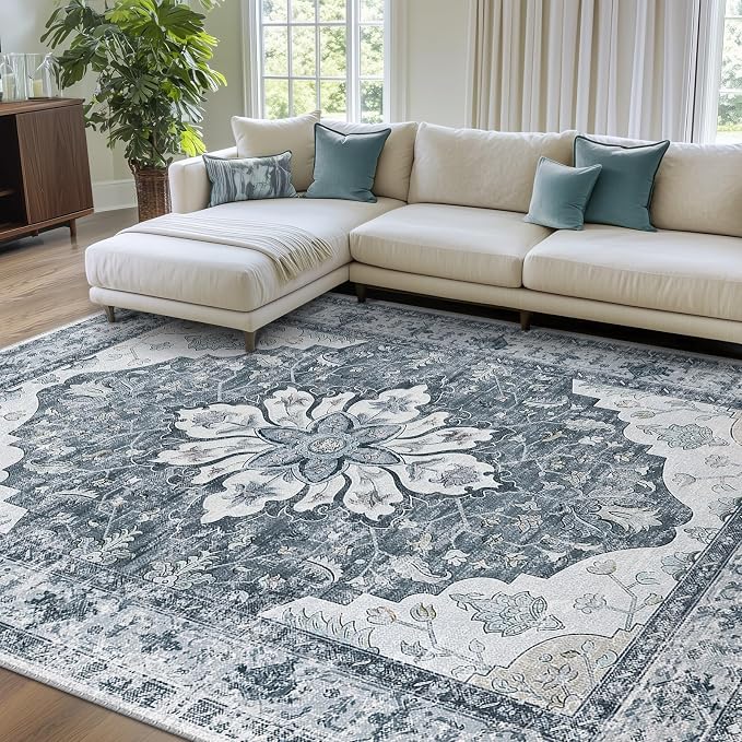 RELEANY Area Rugs 7'x10' Washable Non-Slip, Floral Vintage Distress Medallion by RELEANY