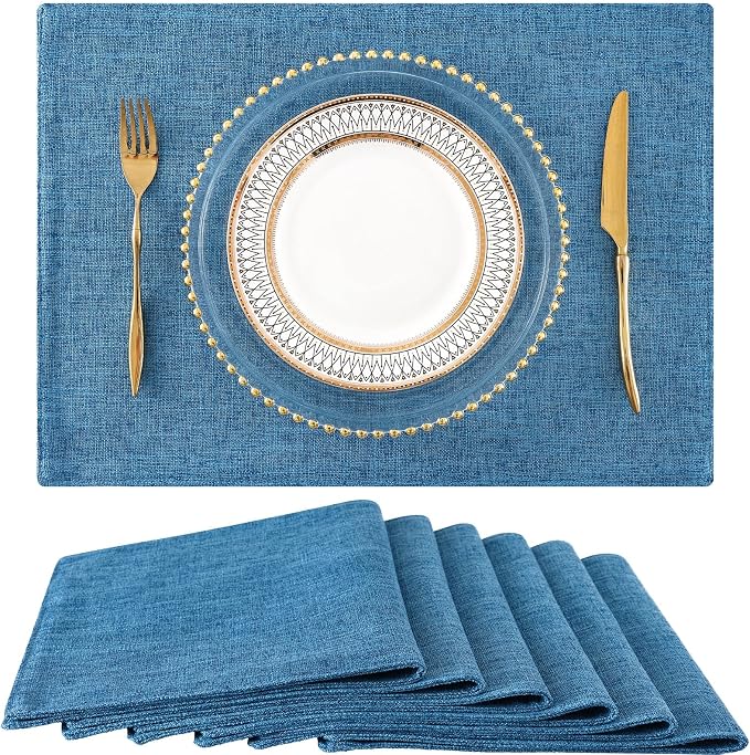 Faux Cotton Linen Placemats Set of 6, Cloth Washable Farmhouse Dining Table Mats by homing
