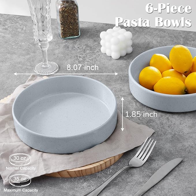 E-far Pasta Bowls Set of 6, 35 oz Large Stoneware Bowl Plates | Shallow & Wide - Image 2