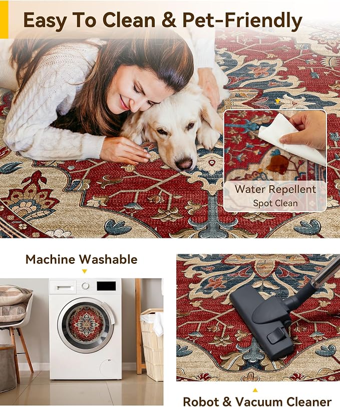 RELEANY Area Rugs Round 10ft Washable Non-Slip, Floral Vintage Distress - Image 5