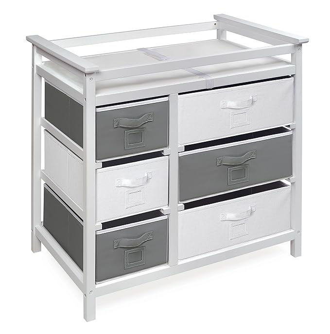 Badger Basket Modern Baby Changing Table - Diaper Station Organizer with 6 Storage Drawers, Reversible Baskets, Safety Rails - Baby Nursery Furniture with Changing Pad and Belt - White