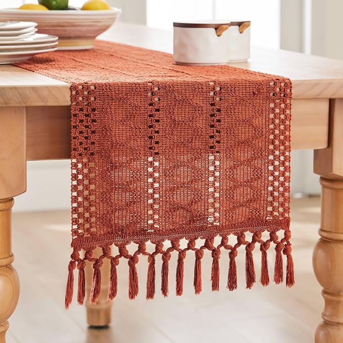 Macrame Style Boho Table Runner, 12x60 Inch Rust | Woven Boho Table Runner - Image 7