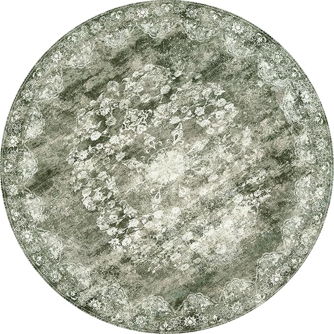 jinchan Round Rug 6ft Area Rug - Green Vintage Floor Mat Kitchen Indoor - Washable Circle 6' Thin Floral Print Carpet Retro Farmhouse Non Slip Dining Room Living Room Bedroom Office