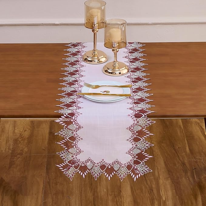 White Dark Red Linen Lace Table Runner 72 inches Dresser Scarf | White Sheer - Image 2