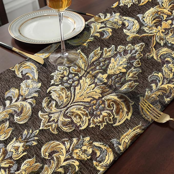 Glittering Colorful Jacquard Table Runner 72 inches Long Dark Brown | Chenille - Image 5