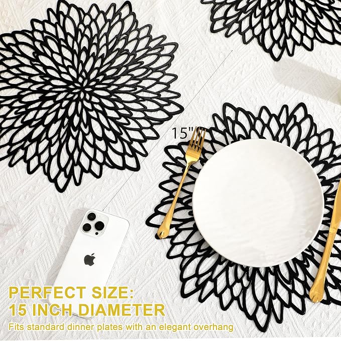 Set of 18 Round Placemats Black, Heat-Resistant PVC Table Mats - Image 4