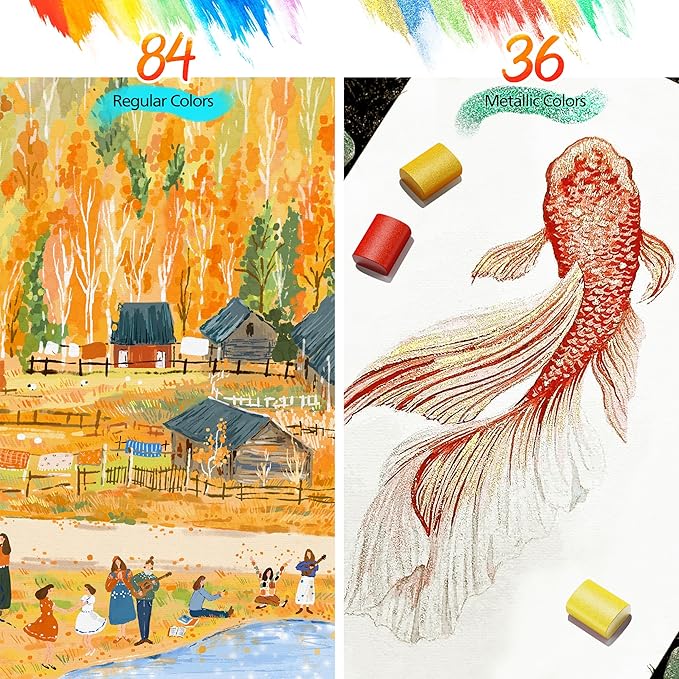 100 Colors Watercolor Paint Set with 4 Brushes, Portable Travel Water Color Kit with Carrying Case, Palette and Accessories, Non-Toxic Art Supplies Gift for Artists Adult Teen Kids Girls