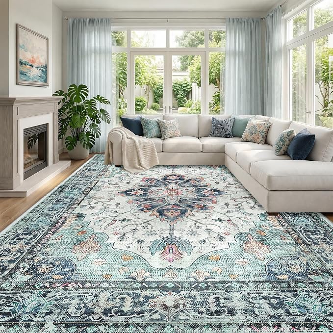 RELEANY Area Rugs Large 9'x12' Washable Non-Slip, Floral Vintage Distress by RELEANY