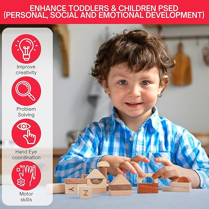 Alphabet Number Early Math Wooden Building Blocks Set - 86 Blocks in 6 Shapes with Wooden Storage Tray. Preschool Montessori Kids Toys. Stacking Learning Toys for Toddlers. Age 3 Years +