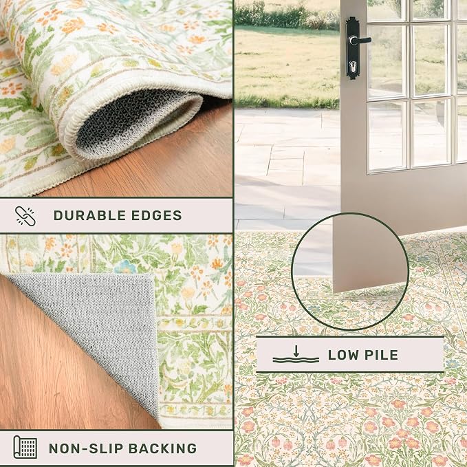 Vintage Washable Beige Green 10x14 Rug - Image 6