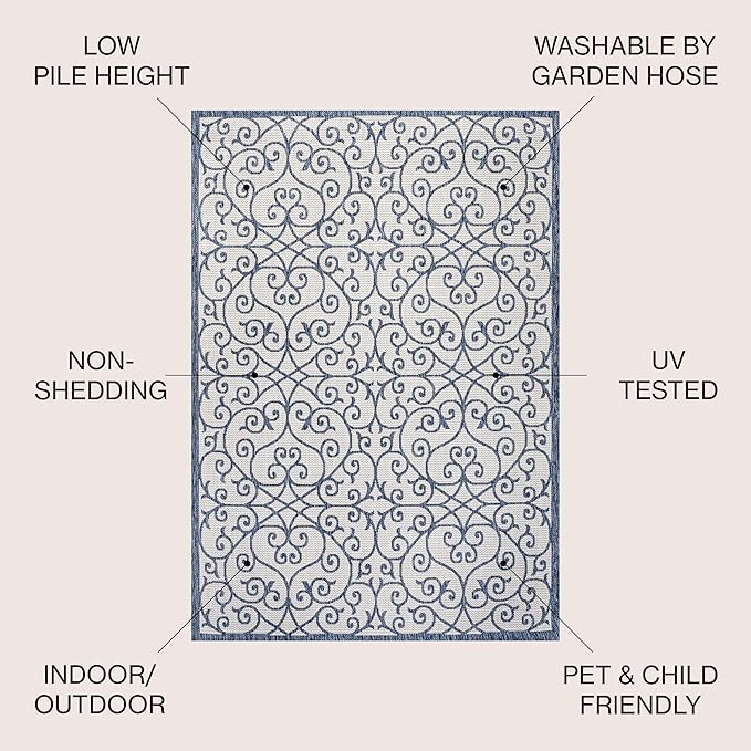 JONATHAN Y Vintage Filigree Indoor Outdoor Square Area Rug 5X5 Blue/Cream - Image 2