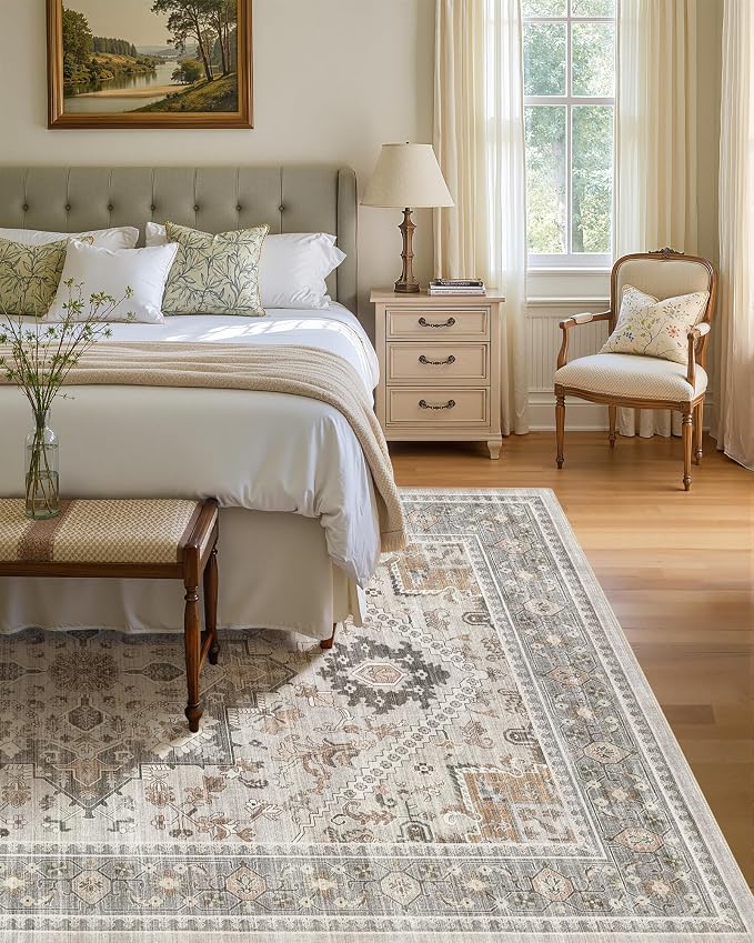 8x10 Vintage Area Rug: Washable Neutral Soft Non Slip Thin Large Floor Carpet - Image 3