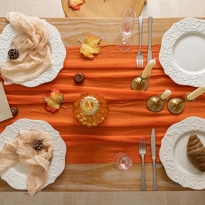 6Pcs Fall Orange Cheesecloth Table Runner 120 Inch Party Boho Home Decor | - Image 6