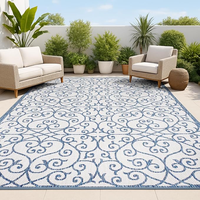 JONATHAN Y Vintage Filigree Indoor Outdoor Area Rug 8X10 Blue/Cream, Madrid by JONATHANY