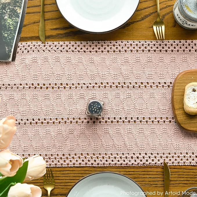 Artoid Mode Pink Woven Farmhouse Hollow Table Runner 12x36 Inch | Holiday - Image 4