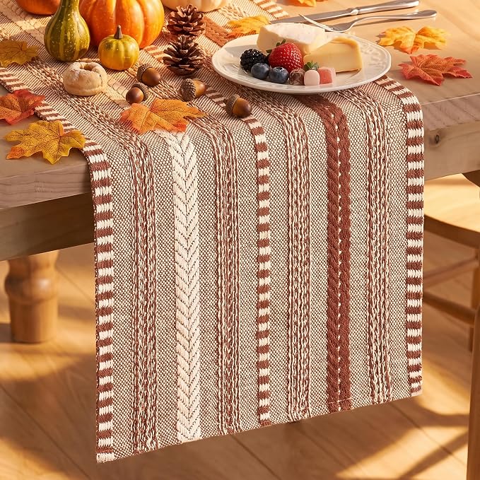 Artoid Mode Caramel Farmhouse Stripe Braided Table Runner 12x60 Inch | Holiday by ArtoidMode