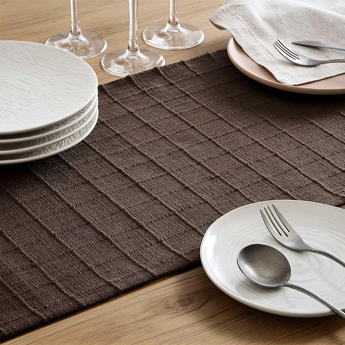 Artisanal Grid Linen Table Runner, 13x60 Inches Chocolate | Heavy Textured - Image 6