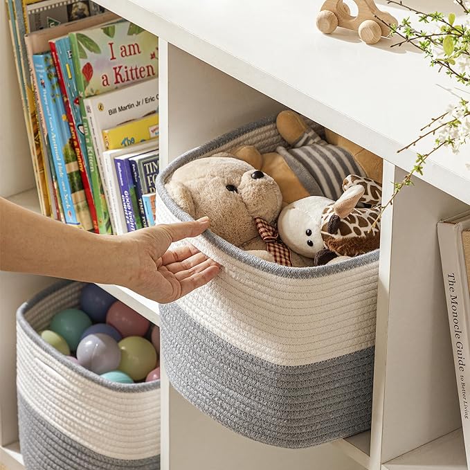 UBBCARE 4 Pack Baskets for rganizing, Woven Storage Baskets for Toys and Towel, Rectangle Cotton Rope Basket with Handles, 15''L x10''W x9''H, Grey