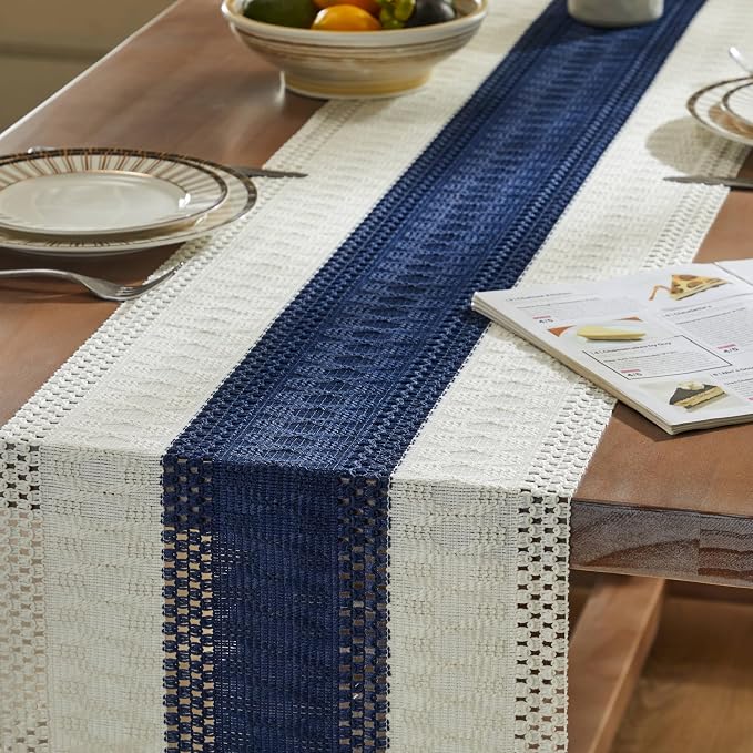 Macrame Style Bicolor Stitching Table Runner 14x48in Navy Blue | Woven Boho - Image 5
