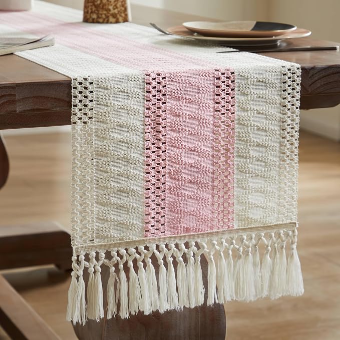 Macrame Style Bicolor Stitching Table Runner 14x90in Light Pink | Woven Boho - Image 7