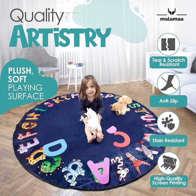 ABC Alphabet Rug for Kids – 6 ft Round Blue Play Mat for Toddlers & Babies - Image 4