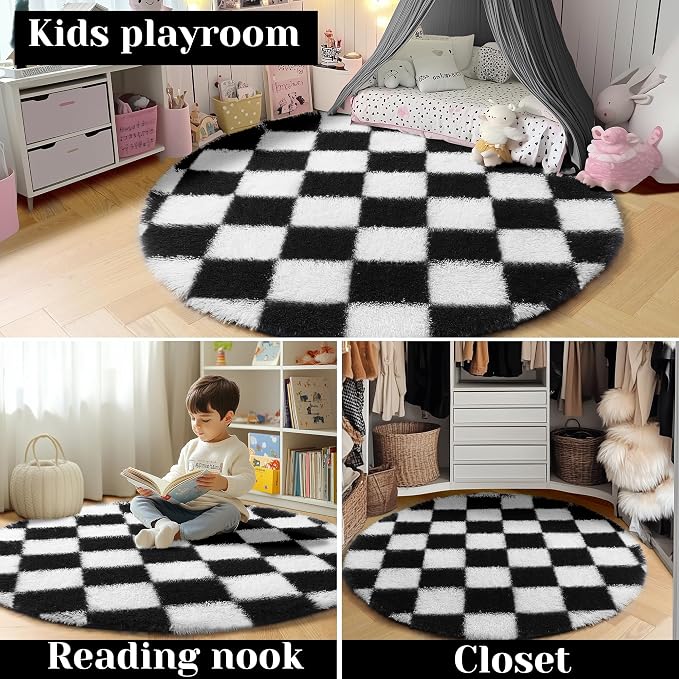 KICMOR Round Rugs 5ft for Bedroom Living Room, Indoor Checkered Circular Rug - Image 7