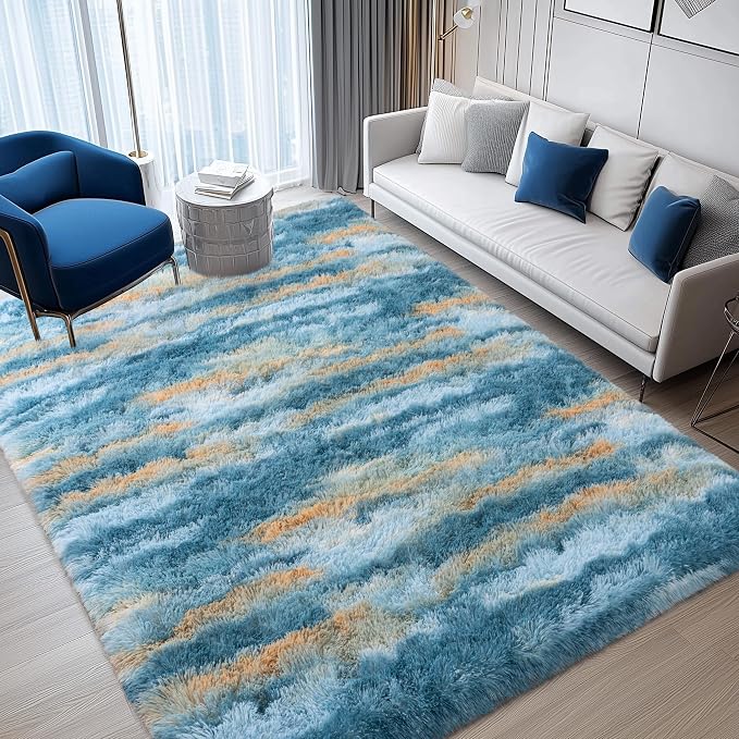 Fluffy Rugs for Living Room Bedroom, 5x7 Feet Abstract Blue Shag Area Rugs - Image 2