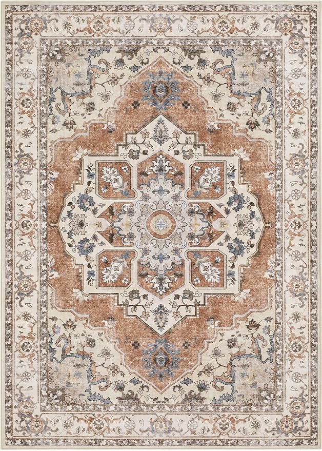 8x10 Washable Area Rug: Vintage Neutral Soft Non Slip Thin Large Floor Carpet - Image 7