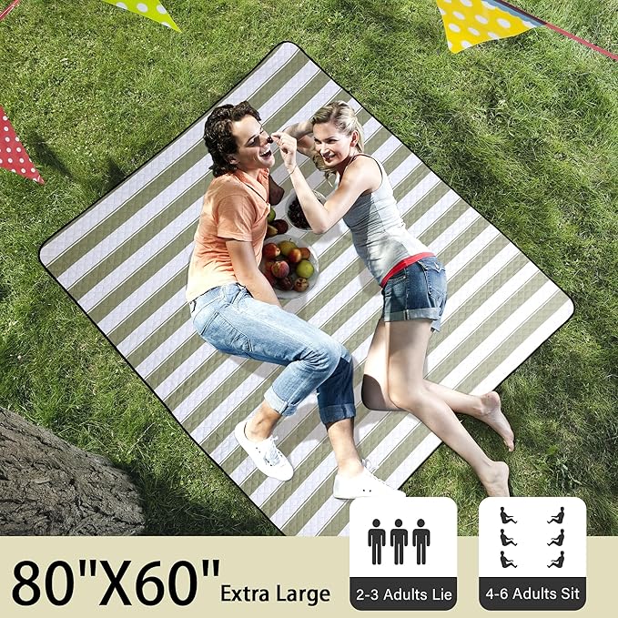 HX&OD Outdoor Picnic Blanket Extra Large, 80”x60” Waterproof Picnic Mat Foldable Camping Blanket Portable with Carry Strap for Beach Mat (Green)