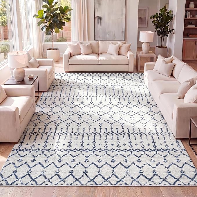 JONATHAN Y Boho Vintage Diamond Cream/Navy Indoor Area Rug 9X12 ft, Moroccan by JONATHANY