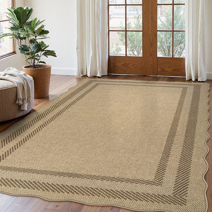 LIVEBOX Scalloped Washable 5x7 Rug, Easy Jute Tan Rugs by LIVEBOX