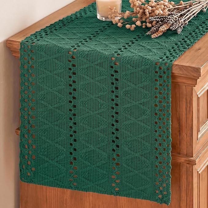 Artoid Mode Dark Green Woven Farmhouse Hollow Table Runner 12x48 Inch | Holiday by ArtoidMode
