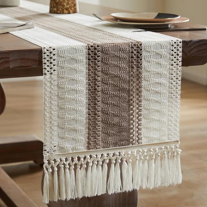 Macrame Style Bicolor Stitching Table Runner 14x36in Cocoa Brown | Woven Boho - Image 7