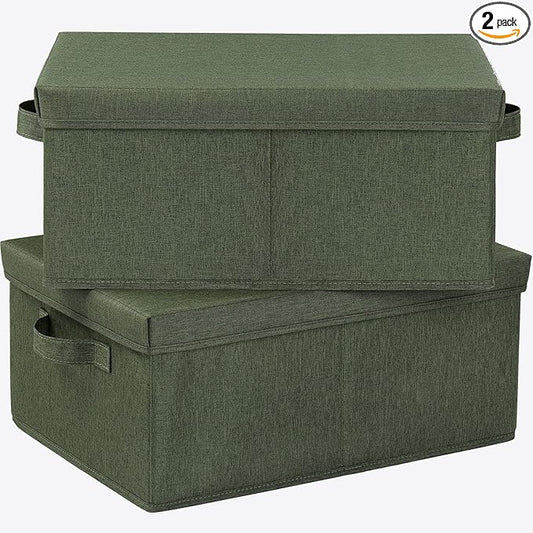 HOONEX Storage Bins with Lids for Organizing, Pack of 2, Storage Boxes with 2 Carrying Handles and Sturdy Heavy Cardboard, 16.5" L x 11.8" W x 7.5" H for Shoes, Books, Clothes, Olive
