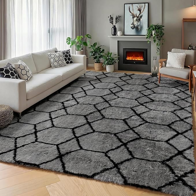 ONASAR 5x7 Area Rugs for Living Room Bedroom, Fluffy Grey and Black Throw Rug by ONASAR