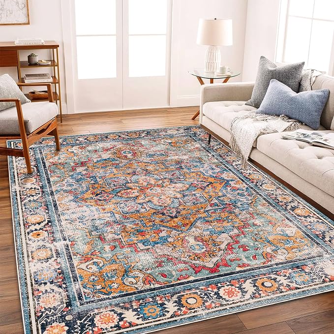CHAMPLANT Washable Area Rug 10'x14' Boho Chic Medallion Distressed Design by CHAMPLANT