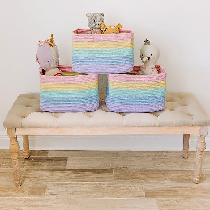 OrganiHaus Set of 3 Cute Rainbow Storage Basket for Toys & Cloths, Cotton Rope Basket for Decor, Shoe Basket Organizers, Decorative Pastel Storage Bins, Woven Storage Baskets for Organizing