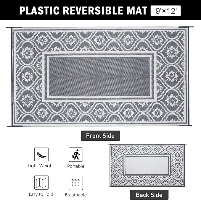 HUGEAR Outdoor Rug 9'x12' Patio Waterproof Mat Camping Carpet Outside Area Rug - Image 2