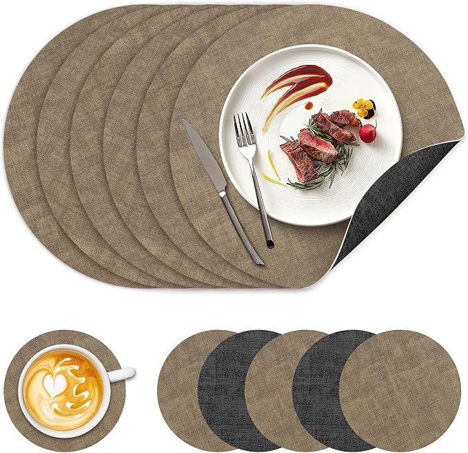 NCUE 13" Faux Leather Round Placemats Set of 6, Reversible Dual-Color | by NCUE