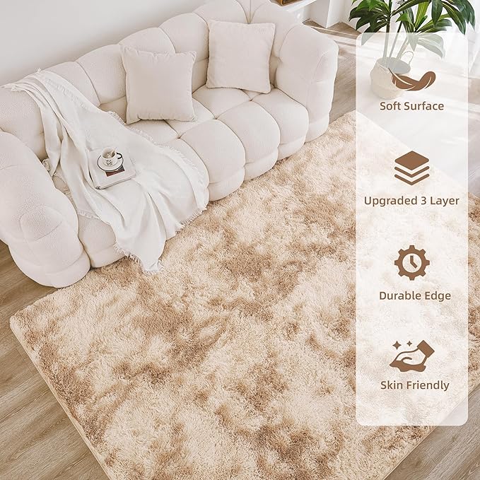 Litanika 5x8 Shag Area Rug for Living Room Bedroom, Tie-Dyed Beige High Pile - Image 4