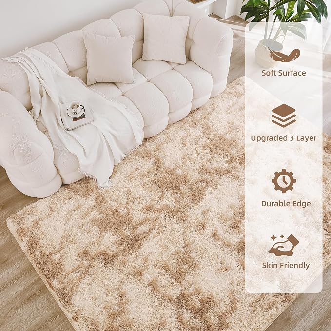 Litanika 8x10 Shag Area Rug for Living Room Bedroom, Tie-Dyed Beige High Pile - Image 4