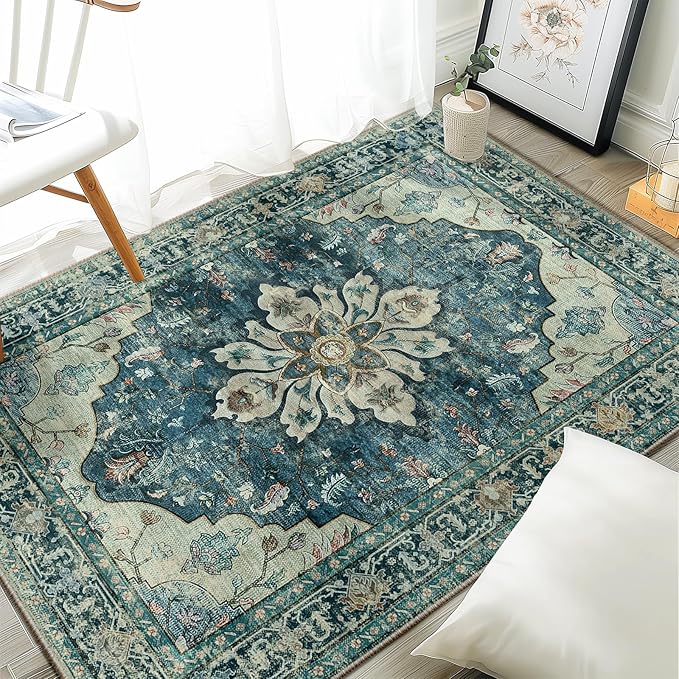 RELEANY Area Rugs 3'x4' Washable Non-Slip, Floral Vintage Distress Medallion by RELEANY