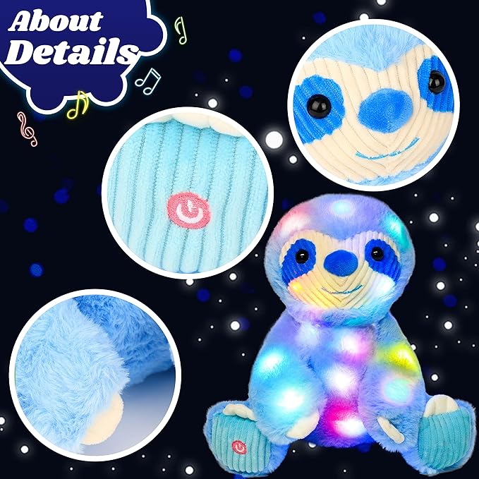Cuteoy Light-up Plush Blue Sloth LED Stuffed Animal Birthday Christmas Plushies Toy Gifts for Kids Toddler Girls, 10.5"