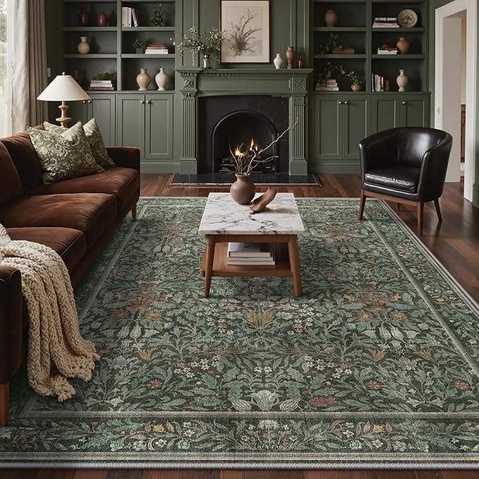 GENIMO 9x12 Washable Area Rug, Non-Slip Vintage Boho Floral Carpet, Large Area by GENIMO