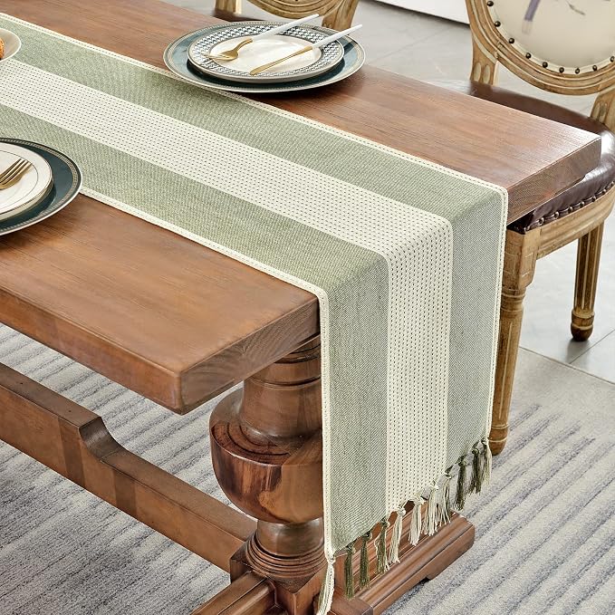 Wracra Linen Table Runner, Stripe Table Runners 48 Inches Sage Green | Delicate - Image 6