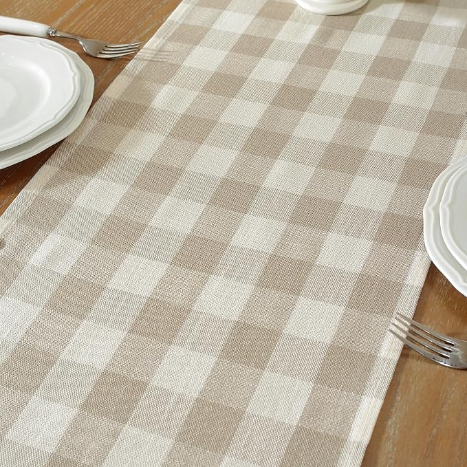 Laolitou Spring Beige Checkered Table Runner, Cotton Linen Gingham Table Runners - Image 3